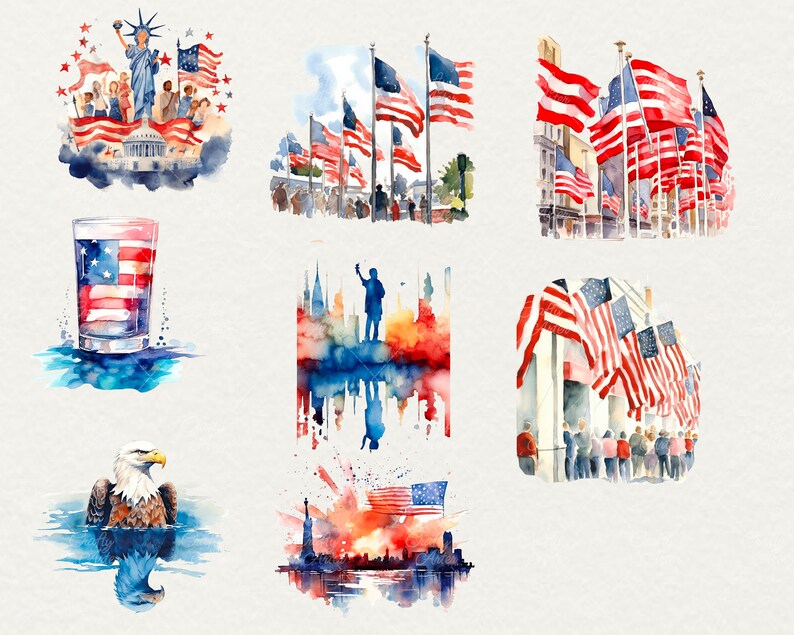 Puede incluir: Pinturas de acuarela con temas patri&oacute;ticos estadounidenses, incluyendo la Estatua de la Libertad, la bandera estadounidense y un &aacute;guila calva. Las pinturas son de varios estilos, desde realistas hasta abstractas.