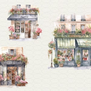 May include: Three watercolor illustrations of Parisian flower shops. The top shop is called "Prater", the middle shop is called "Paris & Ries", and the bottom shop is called "Crarrhills".
