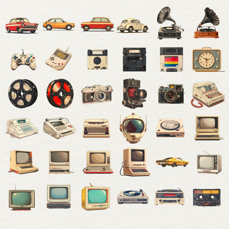 Retro Technology Clipart Bundle: 93 Vintage PNG Illustrations ...