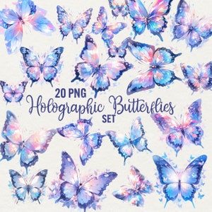 Aquarell holographische Schmetterling Clipart, Clip Art Aquarell Schmetterlinge Magie Schmetterling Fantasy Illustrationen Set 20 PNG, kommerzielle Nutzung