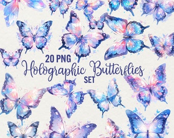 Aquarel holografische vlinder clipart: fantasie png-set (commercieel gebruik)