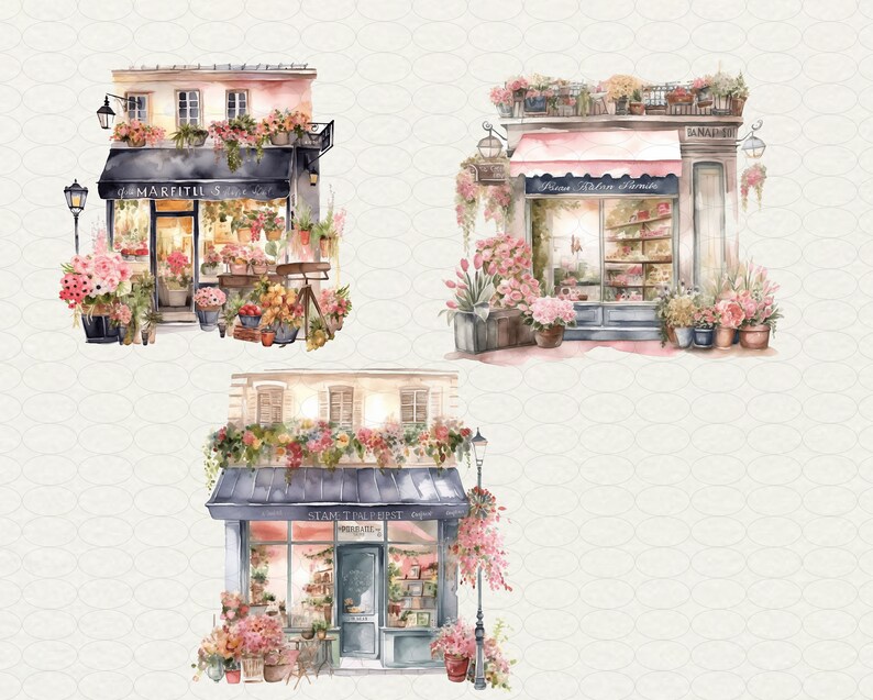 May include: Three watercolor illustrations of flower shops with pink and white flowers, green plants, and black awnings. The shops have signs that read "Marifitill", "Flowers Deliver Smiles", and "Stam Teal Pest".