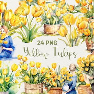 Aquarel gele tulpen clipart, 24 png aquarel tulpen bloemen clipart tulpenkrans, gele lentebloemen, commercieel gebruik