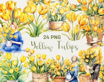 Watercolor Yellow Tulip Clipart: Spring Flower PNG Set (Commercial Use)