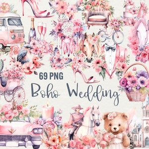 Watercolor Boho Wedding Clipart, 69 PNG Pastel Pink Wedding Clipart vintage Boho Floral Wedding Clipart, Commercial Use