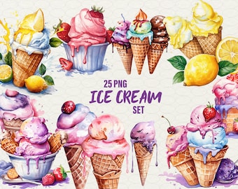 May include: A set of 25 watercolor illustrations of ice cream cones and cups. The ice cream is in various colors and flavors, including strawberry, chocolate, vanilla, and blueberry. The cones are decorated with sprinkles and cherries. The illustrations are perfect for use in scrapbooking, card making, and other craft projects.