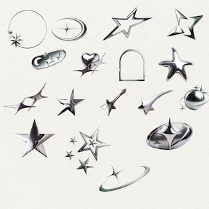 Metal star PNG bundle with 45 chrome aesthetic clipart designs, including silver starbursts, shooting stars, spiked stars, outlined stars, orbiting planets, crescent moons, and celestial shapes. Trendy Y2K and futuristic style, perfect for digital art, sublimation, scrapbooking, websites, social media posts, Twitch overlays, and DIY crafts. Each PNG has a transparent background, ideal for Canva, and other design platforms. Great for aesthetic and gothic projects.