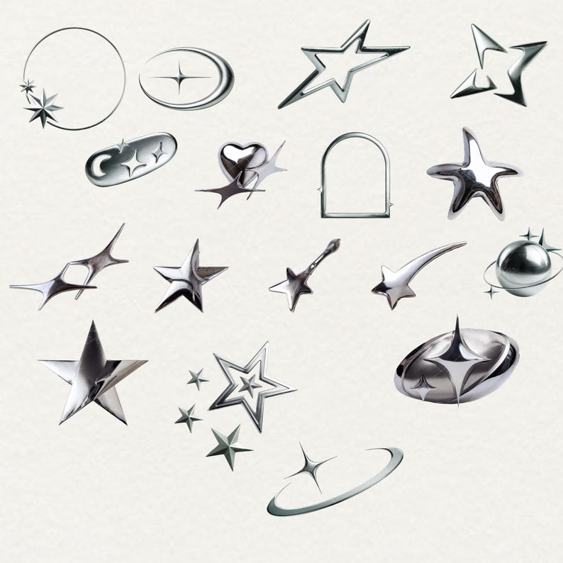 Metal star PNG bundle with 45 chrome aesthetic clipart designs, including silver starbursts, shooting stars, spiked stars, outlined stars, orbiting planets, crescent moons, and celestial shapes. Trendy Y2K and futuristic style, perfect for digital art, sublimation, scrapbooking, websites, social media posts, Twitch overlays, and DIY crafts. Each PNG has a transparent background, ideal for Canva, and other design platforms. Great for aesthetic and gothic projects.