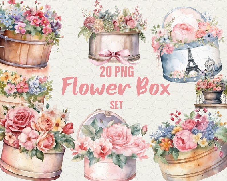 May include: A set of 20 watercolor illustrations of flower boxes. The boxes are decorated with various flowers, including roses, daisies, and hydrangeas. The boxes are in different shapes and sizes, and some have ribbons or other embellishments. The text "20 PNG Flower Box Set" is written in pink letters on a white background.
