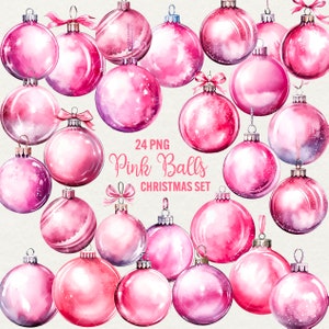 Aquarel roze kerstballen clipart, 24 png kerstbal ornament, winter illustraties, kaartrand decor, vakantietijd, commercieel gebruik