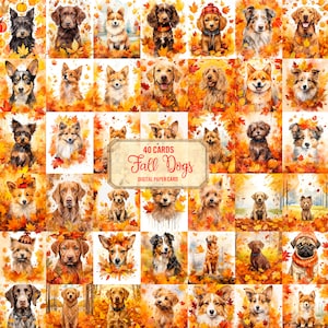 Puede incluir: 40 tarjetas digitales de papel con ilustraciones de acuarela de perros en follaje de otoño. Las tarjetas son perfectas para scrapbooking, creación de tarjetas y otros proyectos de manualidades.