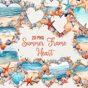 Aquarell Herz Strand Rahmen Clipart Bundle - 20 PNG, Ocean Beach Rahmen Clipart für Einladungen, Geschenkkarten und mehr, kommerzielle Nutzung.