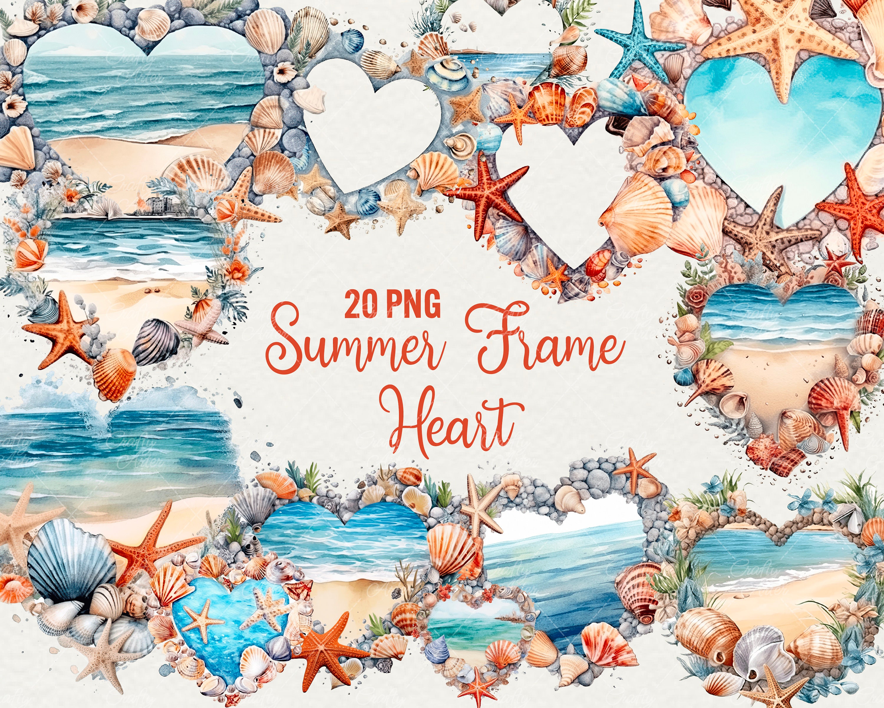 Watercolor Heart Beach frame Clipart Bundle - 20 PNG, ocean beach frame clipart for Invitations, gift card and more,  Commercial Use.