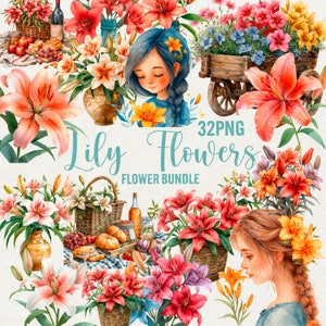 Imágenes prediseñadas de flores de lirio en acuarela, 32 lirios PNG, gráficos de flores de primavera, niña floral, flor de lirio rosa, hermoso PNG floral, uso comercial