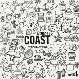 Beach Doodle Clipart bundle, Summer Line Art PNG SVG, coastal sublimation graphics, summer beach animals digital designs, commercial use