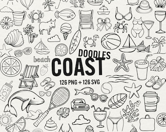 Beach Doodle Clipart Bundle: Summer Line Art PNG SVG (Commercial Use