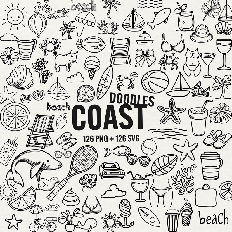 Beach Doodle Clipart Bundle: Summer Line Art PNG SVG (commercial Use - Etsy