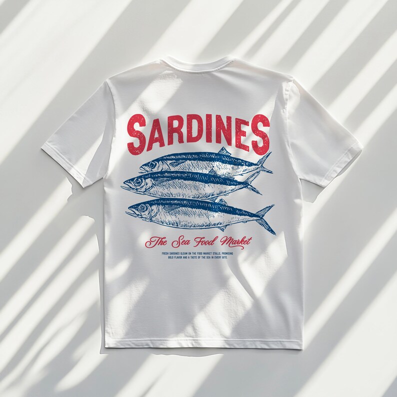 Vintage sardines illustration digital design featuring three detailed sardines with classic typography, perfect for t-shirts, mugs, wall art, kitchen decor, tote bags, and coastal home accessories. Includes 1 high-resolution PNG file with transparent background and 1 PDF file. Ideal for seafood lovers, nautical themes, ocean-inspired decor, and creative DIY projects. Perfect for printable designs celebrating seafood and coastal living.