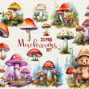 Aquarelle champignons clipart, clipart champignon vénéneux nature forêt mignon 33 PNG, beaux champignons, art champignon, usage Commercial.