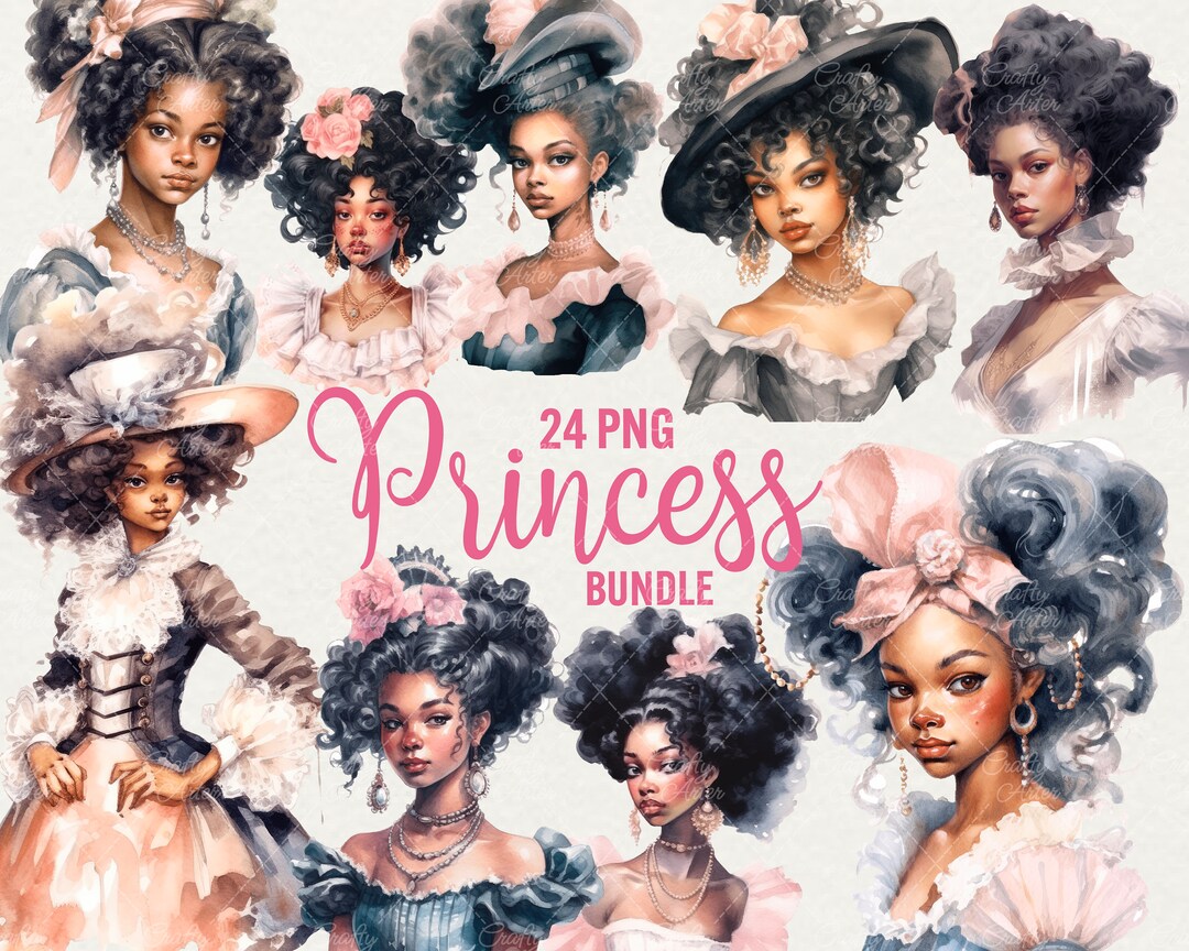 Watercolor Black Princess Clipart: Rococo Style Girls (24 PNG ...