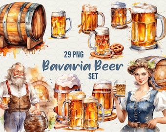 Clipart de cerveza en acuarela: diseños bávaros del Oktoberfest (29 PNG de arte digital)