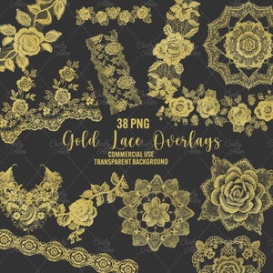 Sovrapposizioni di pizzo dorato clipart, 38 png abbellimenti ornati in pizzo, pizzo floreale vintage dorato, album digitale, pizzo da sposa, uso commerciale