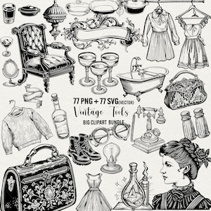 Puede incluir: Una colección de 77 imágenes de clipart de herramientas vintage en blanco y negro. Las imágenes incluyen una variedad de artículos, como una silla, una bañera, una botella, un teléfono, una bombilla, un par de gafas, una maleta, un vestido, un suéter, un salero y pimentero, y un retrato de mujer. El texto "77 PNG + 77 SVG (VECTOR) Vintage Tools BIG CLIPART BUNDLE" está incluido en la imagen.