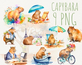Aquarel capibara clipartstickers, schattige png-set (digitale download)