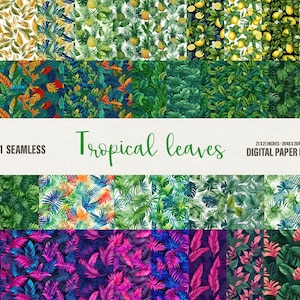 May include: A digital paper pack with 41 seamless tropical leaf patterns. The patterns feature various shades of green, blue, pink, and yellow. The patterns are perfect for crafting, scrapbooking, and digital design.