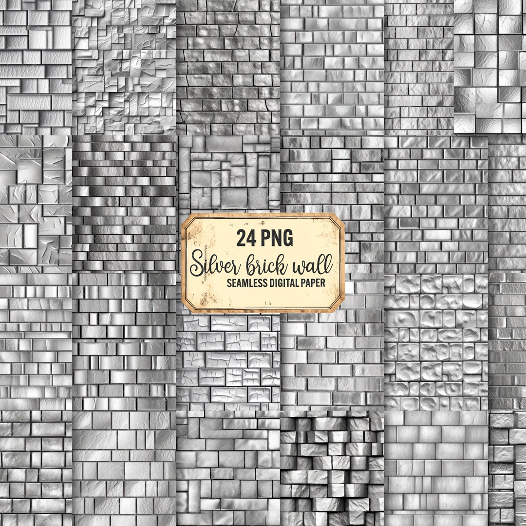 Silver Brick Wall Seamless Pattern, 24 Png Bricks Digital Paper, Brick