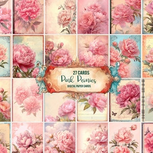 Pink Peonies Digital Paper 27 Cards spring Paper Peony Scrapbook Clipart, junk Journal old paper иыслпкщгтв Clipart Commercial use