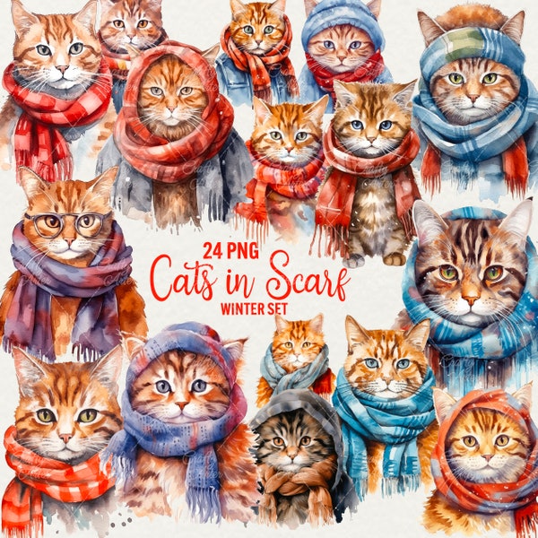 Cat Scarf Watercolor clipart, 24 PNG Winter Cats in Scarf, Christmas gift Winter Kittens, Warm Cozy Cats, Animal Clip art,  Commercial Use