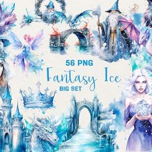 Ice Princess Clipart, 56 PNG Watercolor Ice Fantasy ice dragon, fairy, castle, crown and more Clipart Illustrations, Commercial Use.