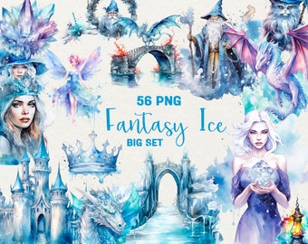 Ice Princess Clipart: 56 PNG Watercolor Fantasy Illustrations (Commercial Use)