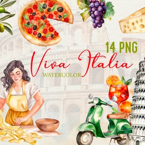 Clipart di viaggio in Italia, set PNG italiano di 14 elementi, download, uso commerciale, ramoscello d&#39;ulivo, uva, pizza, carbonara, adesivi per moto