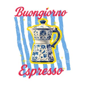 Könnte beinhalten: Illustration eines blau-weiß floralen Espressokochers mit den Worten "Buongiorno Espresso" in roter Schrift. Der Espressokocher ist gelb umrandet und vor einem Hintergrund aus blau-weißen Streifen platziert.