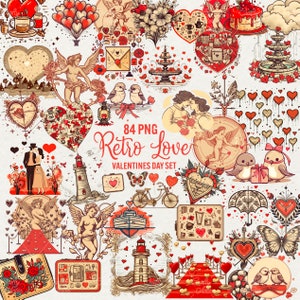 Valentijnsdag clipart, Retro Love clipart, 84 PNG Valentine Clip art bundel, Vintage Heart Couple Png, Instant Download, Commercieel gebruik