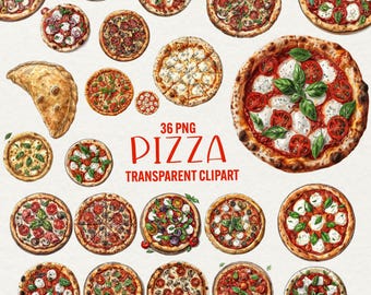 Watercolor Pizza Clipart: Italian Food Illustrations (36 PNG, Digital Download)