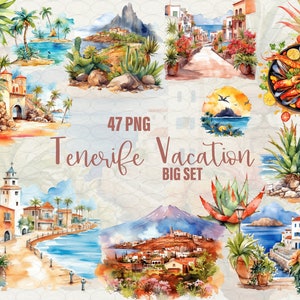 Clipart de Tenerife, Ilustración acuarela de Canarias, Arte Océano, 47 png Teide, cactus Calle Tenerife Isla Canaria, paella, Uso comercial.