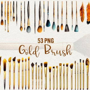 Gouden make-up kwast clipart, 53 png make-up kwasten clip art-bestanden, digitale download, commercieel gebruik