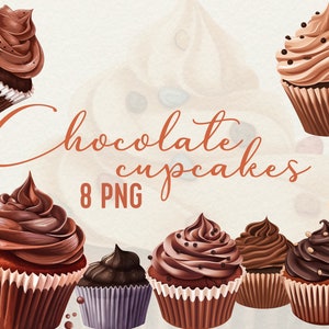 Chocolate Cupcakes Clipart Set, 8 PNG Cupcakes, Happy Birthday card, print  or any design, Watercolor Cupcakes PNG, Digital Download