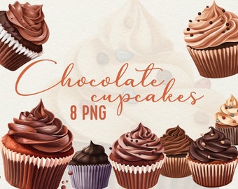 Watercolor Chocolate Cupcakes Clipart Set: 8 PNG Images (Digital Download)