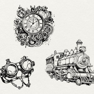 May include: A black and white illustration of a steampunk-style clock, goggles, and a train engine. The clock is surrounded by gears and other mechanical elements. The goggles are round and connected by a strap. The train engine is detailed with wheels, a smokestack, and a bell.