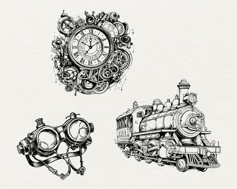 May include: A black and white illustration of a steampunk-style clock, goggles, and a train engine. The clock is surrounded by gears and other mechanical elements. The goggles are round and connected by a strap. The train engine is detailed with wheels, a smokestack, and a bell.