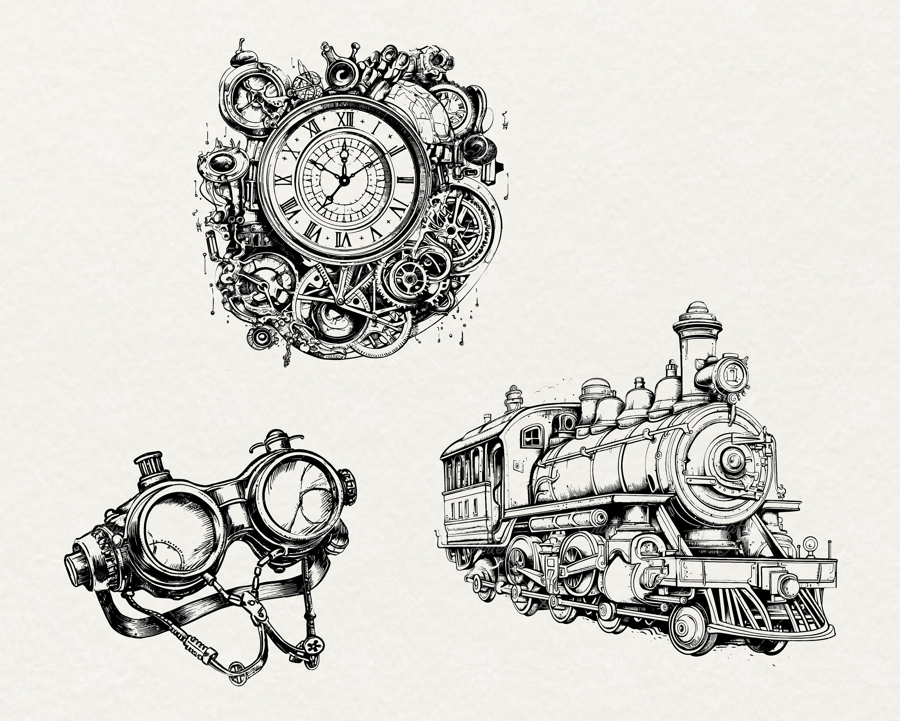 Steampunk Line Texture Steampunk Clipart: 18 Fantasy Line Art Illustrations (SVG, Instant ...