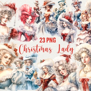 Aquarelle Noël dames Clipart, clipart princesse, 23 PNG, belles dames vacances fille lady, téléchargement immédiat usage Commercial