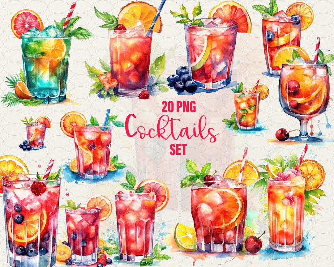 Summer Cocktail Clipart, Summer Watercolor Drink With Orange, 20 PNG ...