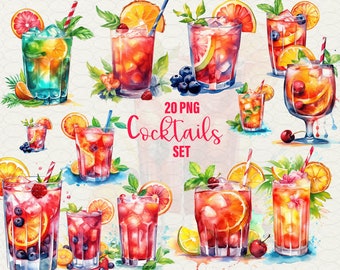 Aquarell Sommer Cocktail Clipart: Orange Drinks, 20 PNG Digital Art (kommerzielle Nutzung)