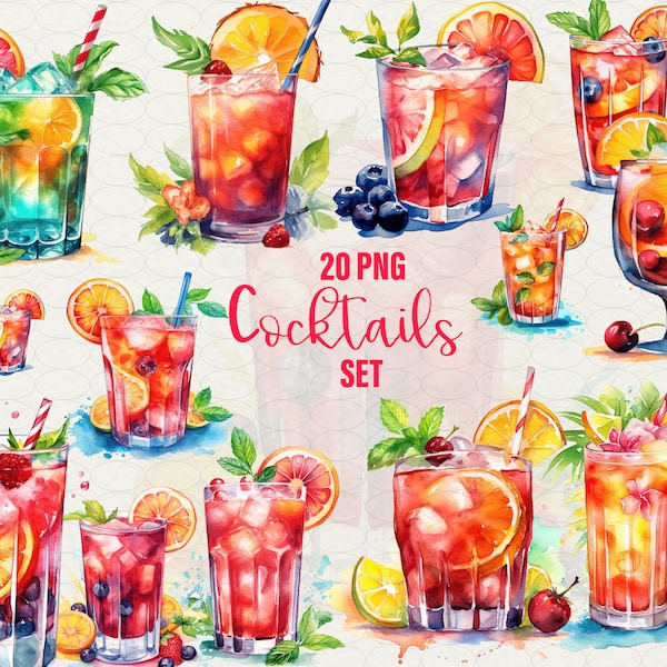 Summer cocktail Clipart, Summer Watercolor drink with orange, 20 PNG cocktails clip art Digital art, Summer Menu drink idea. Commercial use.