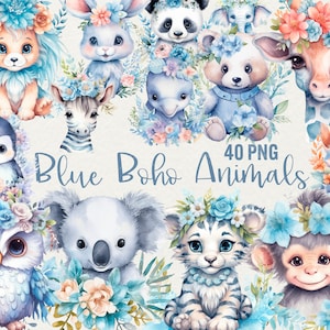Aquarelle Boho animaux Clipart, 40 PNG bleu pastel bébé Clipart Boho floral animaux Clipart pour un usage commercial